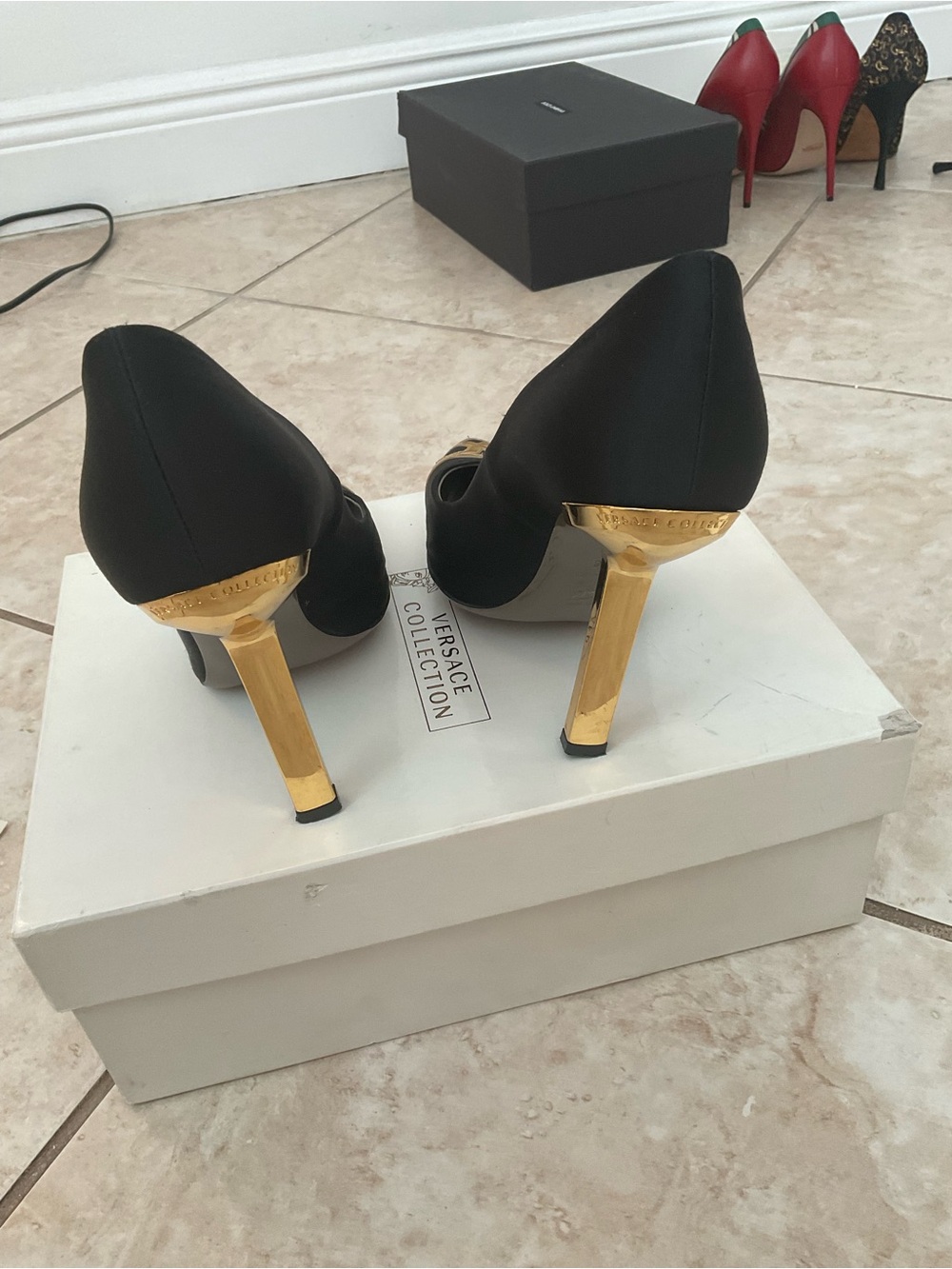 Versace Collection Black Satin Pumps with Gold Stiletto Heels